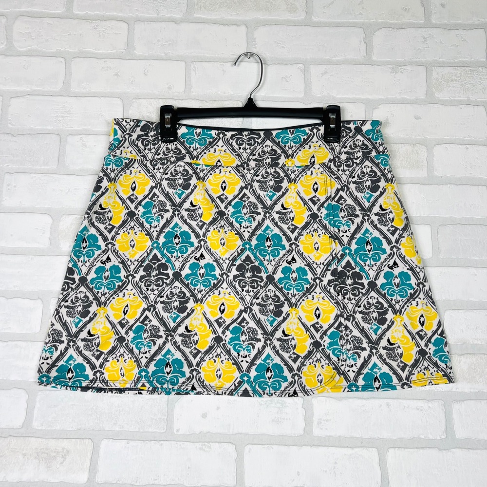 Womens Yellow Teal Damask Print Athletic Golf Tennis Skort Skirt XL Lotus Fit